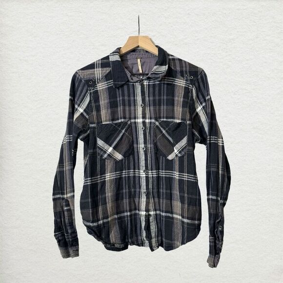 Free People S Black Plaid Flannel Button-Up Shirt Alternative Grunge Soft Goth - Picture 1 of 11